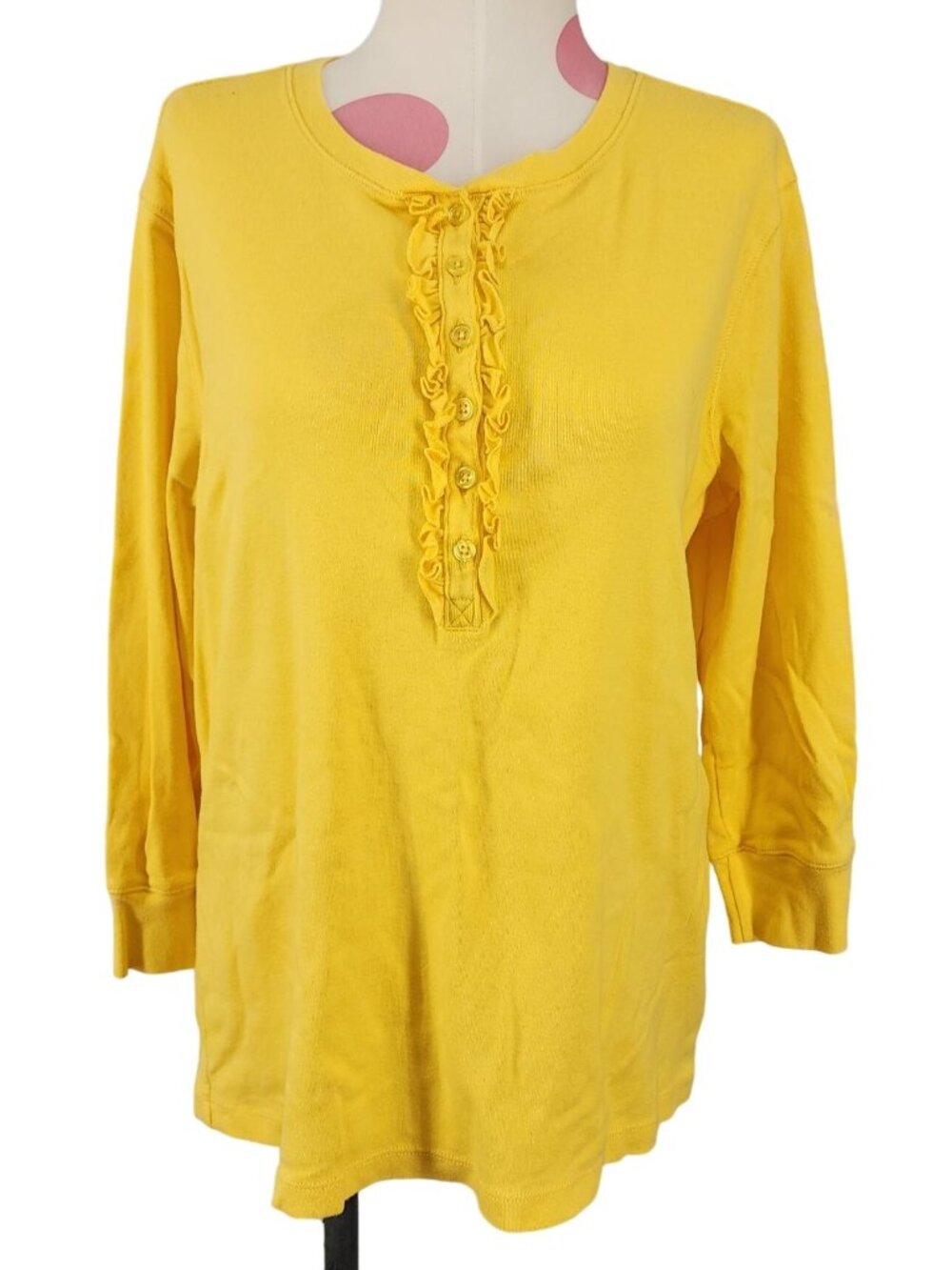 Women's Hannah Yellow Knit Henley Top w/Ruffle XL 100% Cotton 3/4 Sleeves
